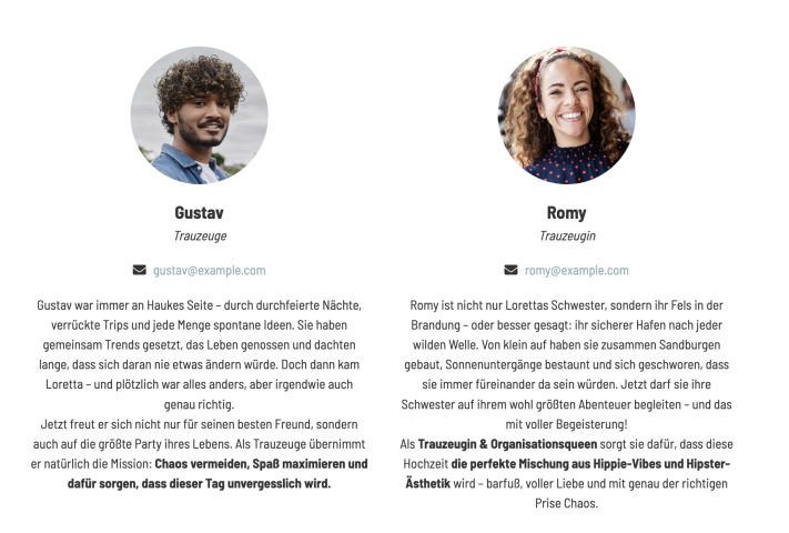 Vorstellung der Trauzeugen auf einer WeddyBird Hochzeitshomepage