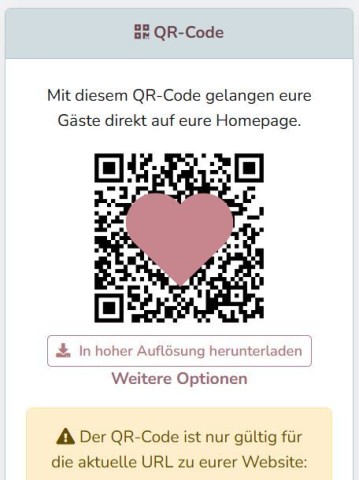 QR Code im Dashboard der Hochzeitswebsite